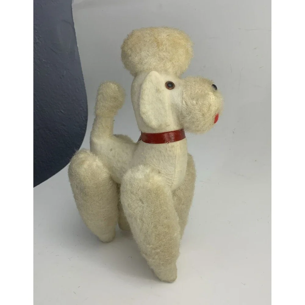 Vintage White Jointed Poodle Dog Plush Red Collar Animal Made in Japan 1966